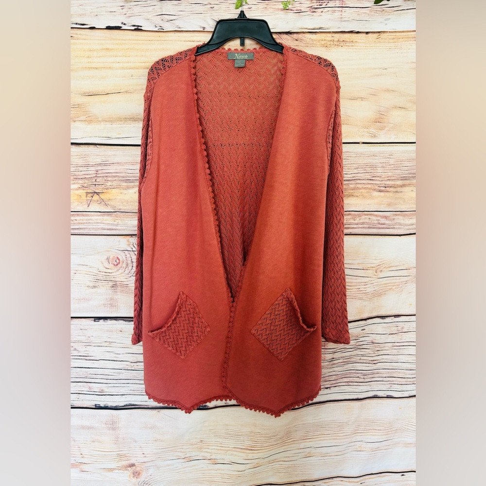 Natural Reflections Women’s Burnt Orange Open Front Crochet Cardigan Size S